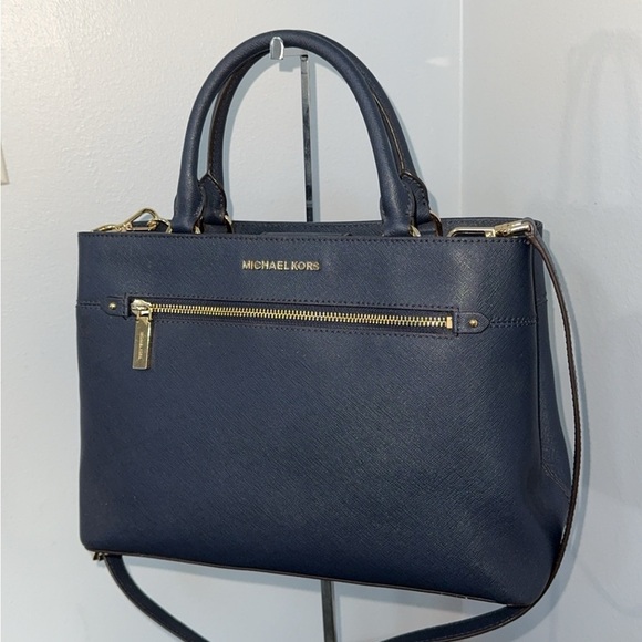 MICHAEL KORS Handbag Crossgrain Leather Navy Large Crossbody Satchel AUTHENTIC - Picture 2 of 12